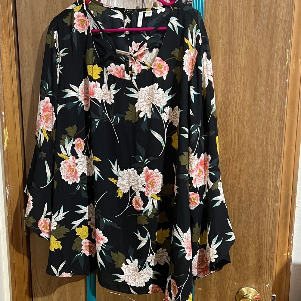 Cato Black Floral Blouse with Pink and Green Accents
